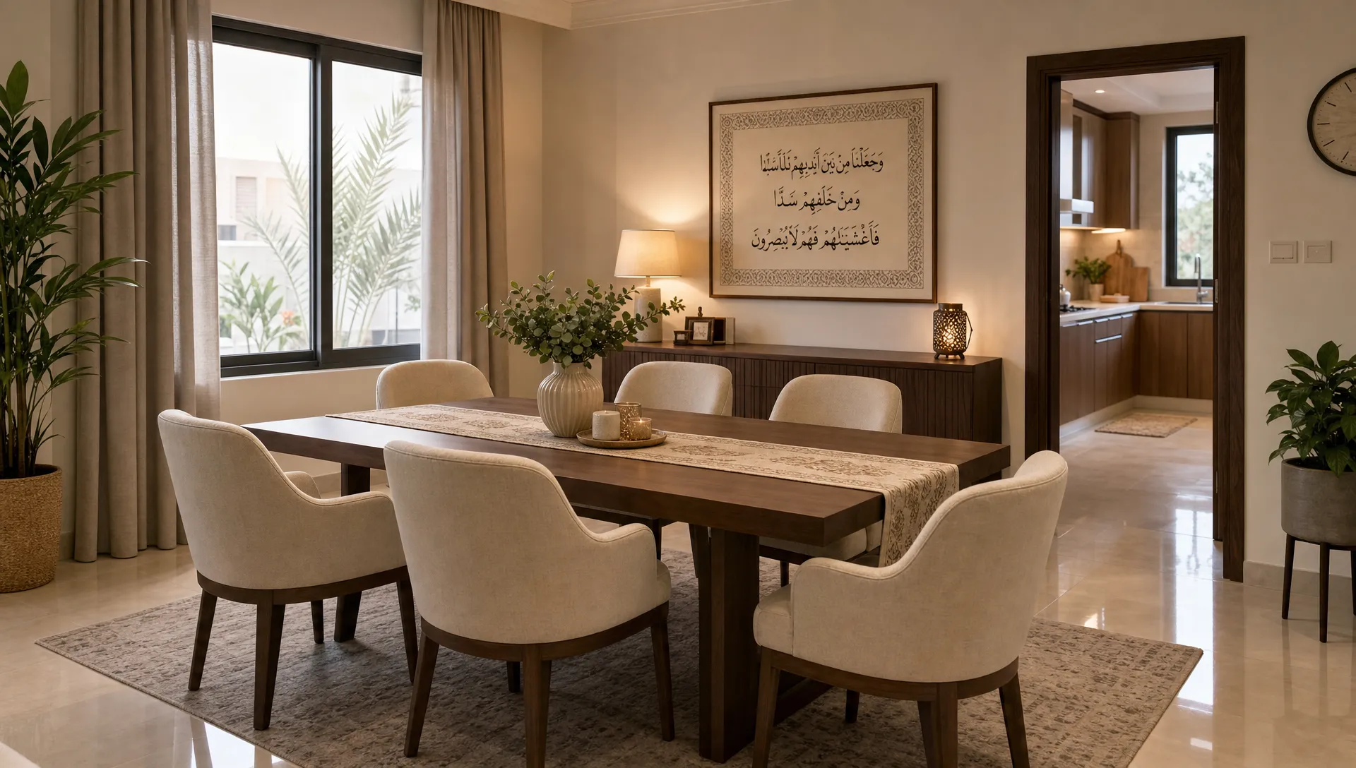 غرفة طعام منزلية هادئة تضم طاولة متوسطة الحجم محاطة بكراسي منجدة مريحة، مع نافذة جانبية ومسار حركة واضح حول الطاولة يوضح الاستخدام اليومي في منزل سعودي عصري.
