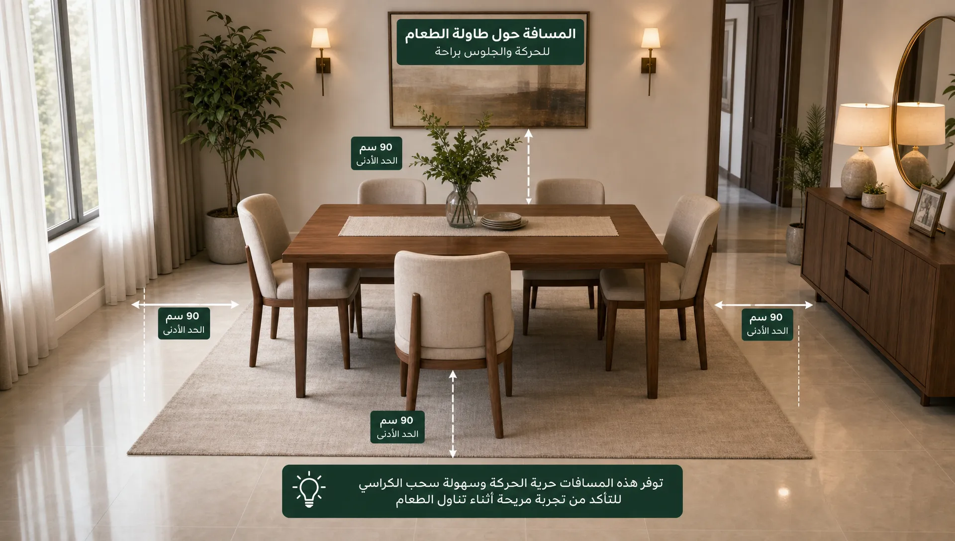 غرفة طعام منزلية أنيقة تحتوي على طاولة خشبية متوسطة الحجم مع كراسي متناسقة، وشريط قياس على الأرض يوضح المسافة حول الطاولة للحركة والجلوس براحة.